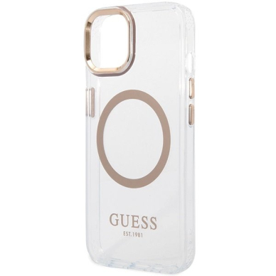 iPhone 15 Plus / 14 Plus Guess Metal Outline MagSafe dėklas - auksinis 5