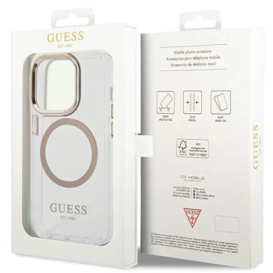iPhone 15 Pro Guess Metal Outline MagSafe dėklas - auksinis 7
