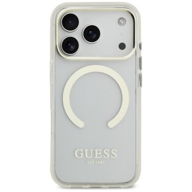 iPhone 17 Pro Guess Metal Outline MagSafe dėklas – auksinis 2 iPhone 17 Pro Guess Metal Outline MagSafe dėklas – auksinis 2