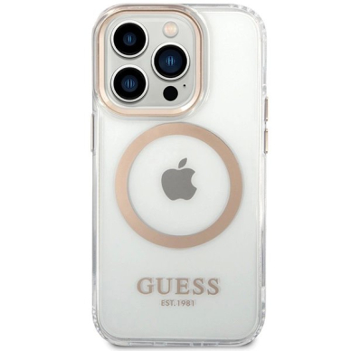 iPhone 15 Pro Max Guess Metal Outline Magsafe dėklas - auksinis 2 iPhone 15 Pro Max Guess Metal Outline Magsafe dėklas - auksinis 2