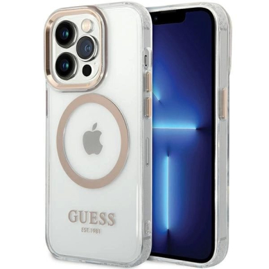 iPhone 15 Pro Max Guess Metal Outline Magsafe dėklas - auksinis iPhone 15 Pro Max Guess Metal Outline Magsafe dėklas - auksinis