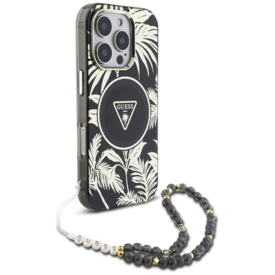 Guess Palm Trees Triangle Pearl Strap MagSafe Dėklas skirtas iPhone 16 Pro Juodas 2
