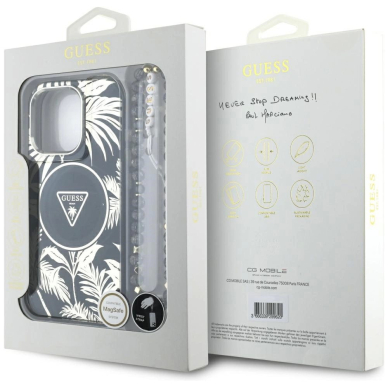 Guess Palm Trees Triangle Pearl Strap MagSafe Dėklas skirtas iPhone 16 Pro Juodas 6