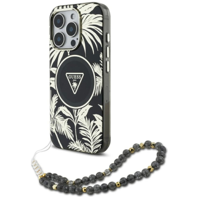 Guess Palm Trees Triangle Pearl Strap MagSafe Dėklas skirtas iPhone 16 Pro Juodas