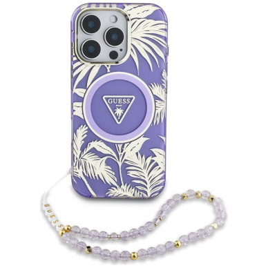 Guess Palm Trees Triangle Pearl Strap MagSafe Dėklas skirtas iPhone 16 Pro Max Violetinis 1
