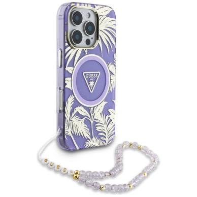 Guess Palm Trees Triangle Pearl Strap MagSafe Dėklas skirtas iPhone 16 Pro Max Violetinis 2