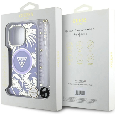 Guess Palm Trees Triangle Pearl Strap MagSafe Dėklas skirtas iPhone 16 Pro Max Violetinis 6