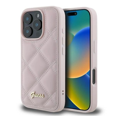 iPhone 16 Pro – Guess Quilted Metal Logo dėklas - Rožinis