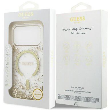 iPhone 17 Pro Guess Resin Bottom Glitter MagSafe dėklas – auksinis 7