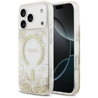 iPhone 17 Pro Guess Resin Bottom Glitter MagSafe dėklas – auksinis
