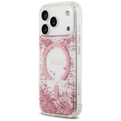 iPhone 17 Pro Guess Resin Bottom Glitter MagSafe dėklas – rožinis 1