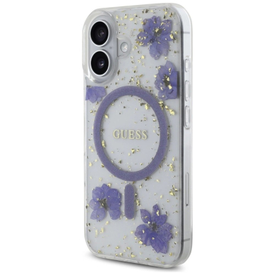 iPhone 16 – Guess Resin Flowers Glitter MagSafe dėklas - Violetinis 1