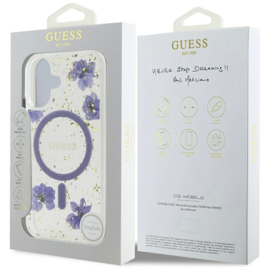 iPhone 16 – Guess Resin Flowers Glitter MagSafe dėklas - Violetinis 7