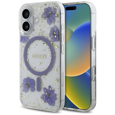 iPhone 16 – Guess Resin Flowers Glitter MagSafe dėklas - Violetinis