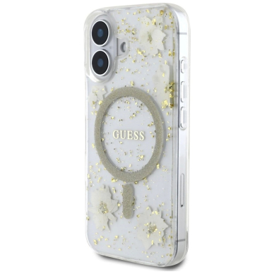 iPhone 16 – Guess Resin Flowers Glitter MagSafe dėklas - Smėlinis 1