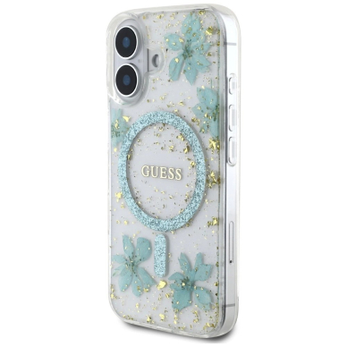 iPhone 16 – Guess Resin Flowers Glitter MagSafe dėklas - Skaidriai žalias 1