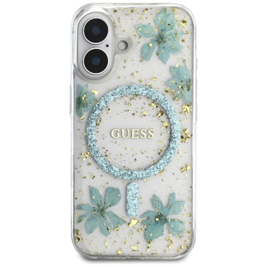 iPhone 16 – Guess Resin Flowers Glitter MagSafe dėklas - Skaidriai žalias 2