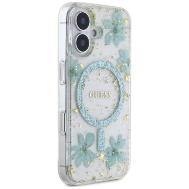 iPhone 16 – Guess Resin Flowers Glitter MagSafe dėklas - Skaidriai žalias 3