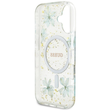 iPhone 16 – Guess Resin Flowers Glitter MagSafe dėklas - Skaidriai žalias 6