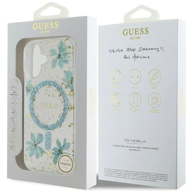iPhone 16 – Guess Resin Flowers Glitter MagSafe dėklas - Skaidriai žalias 7