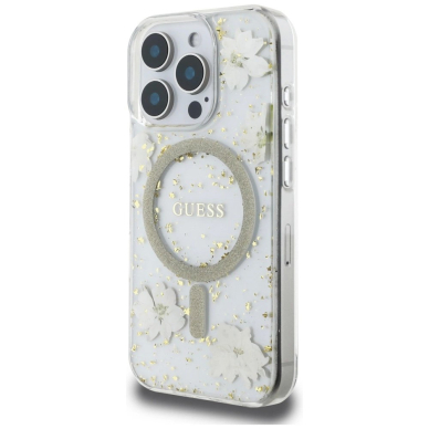 iPhone 16 Pro Guess Resin Flowers Glitter MagSafe dėklas – smėlinis 1
