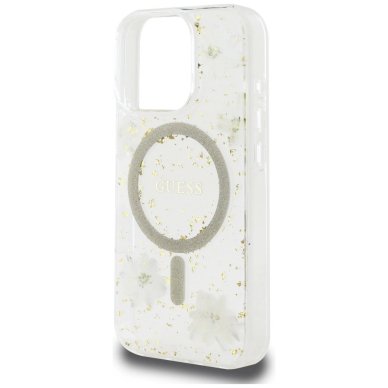 iPhone 16 Pro Guess Resin Flowers Glitter MagSafe dėklas – smėlinis 5
