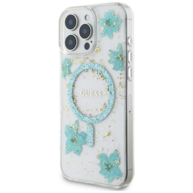 iPhone 16 Pro Max – Guess Resin Flowers Glitter MagSafe dėklas - Skaidriai žalias 1