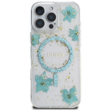 iPhone 16 Pro Max – Guess Resin Flowers Glitter MagSafe dėklas - Skaidriai žalias 2
