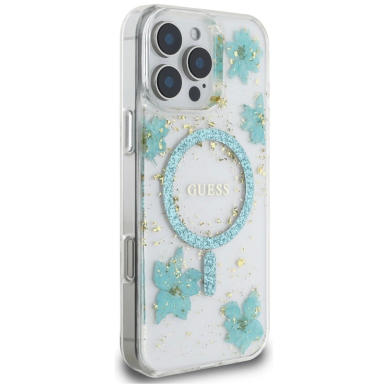 iPhone 16 Pro Max – Guess Resin Flowers Glitter MagSafe dėklas - Skaidriai žalias 3