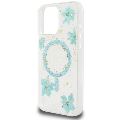 iPhone 16 Pro Max – Guess Resin Flowers Glitter MagSafe dėklas - Skaidriai žalias 5