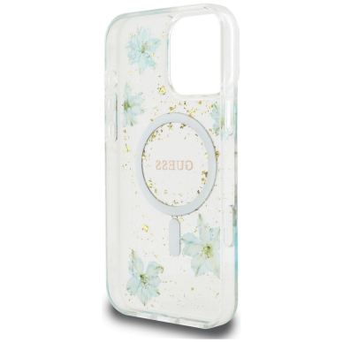iPhone 16 Pro Max – Guess Resin Flowers Glitter MagSafe dėklas - Skaidriai žalias 6
