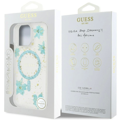 iPhone 16 Pro Max – Guess Resin Flowers Glitter MagSafe dėklas - Skaidriai žalias 7