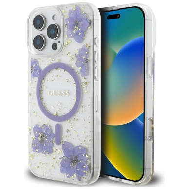 iPhone 16 Pro Max – Guess Resin Flowers MagSafe dėklas - Violetinis iPhone 16 Pro Max – Guess Resin Flowers MagSafe dėklas - Violetinis
