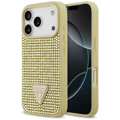iPhone 17 Pro dėklas Guess Rhinestone Triangle Logo – auksinis iPhone 17 Pro dėklas Guess Rhinestone Triangle Logo – auksinis