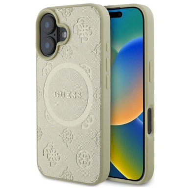 iPhone 16 Guess Saffiano Peony Classic Logo MagSafe dėklas - auksinis iPhone 16 Guess Saffiano Peony Classic Logo MagSafe dėklas - auksinis