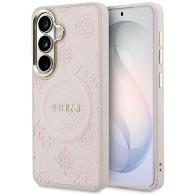 Samsung Galaxy S26+ Guess Saffiano Peony Embossed Ring MagSafe dėklas – rožinis
