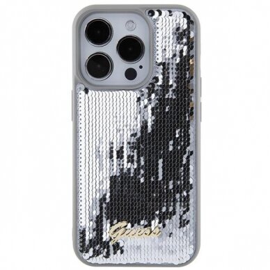 Dėklas Guess Sequin Script Metal iPhone 15 Pro - Pilkas 2 Dėklas Guess Sequin Script Metal iPhone 15 Pro - Pilkas 2