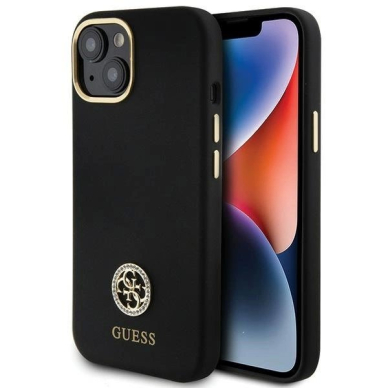 Guess Silikoninis Logo Strass 4G Dėklas skirtas iPhone 15 - Juodas
