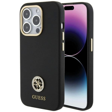 Guess Silikoninis Logo Strass 4G Dėklas skirtas iPhone 15 Pro Max - Juodas