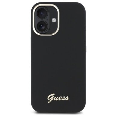 iPhone 16 Guess Silicone Script Metal Logo & Frame dėklas – juodas 2 iPhone 16 Guess Silicone Script Metal Logo & Frame dėklas – juodas 2