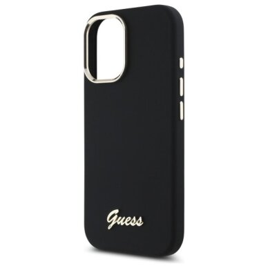 iPhone 16 Guess Silicone Script Metal Logo & Frame dėklas – juodas 5