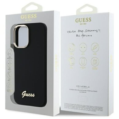 iPhone 16 Plus Guess Silicone Script Metal Logo & Frame dėklas – juodas 7