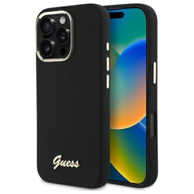 iPhone 16 Pro Guess Silicone Script Metal Logo & Frame dėklas – juodas