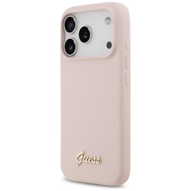 iPhone 17 Pro dėklas Guess Silicone Script Metal Logo, MagSafe – rožinis 1
