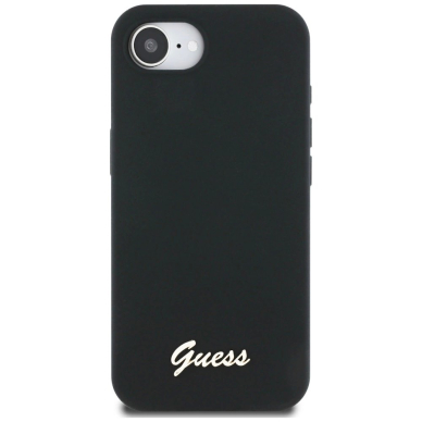 Guess Silikoninis Script Metal Logo MagSafe iPhone 16e Dėklas - Juodas 2 Guess Silikoninis Script Metal Logo MagSafe iPhone 16e Dėklas - Juodas 2