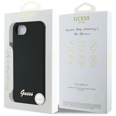 Guess Silikoninis Script Metal Logo MagSafe iPhone 16e Dėklas - Juodas 7