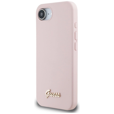 Guess Silikoninis Script Metal Logo MagSafe iPhone 16e Dėklas - Rožinis 1