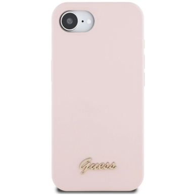 Guess Silikoninis Script Metal Logo MagSafe iPhone 16e Dėklas - Rožinis 2