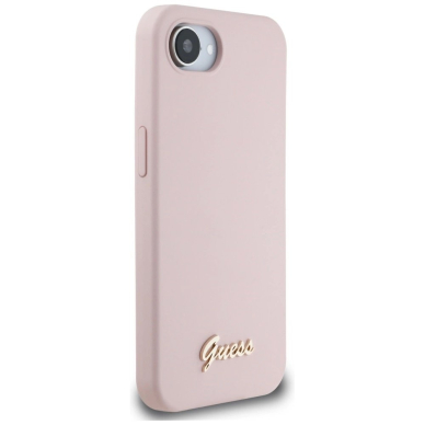 Guess Silikoninis Script Metal Logo MagSafe iPhone 16e Dėklas - Rožinis 3