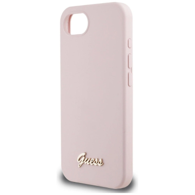 Guess Silikoninis Script Metal Logo MagSafe iPhone 16e Dėklas - Rožinis 5
